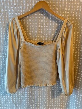 J. Crew Gold Smocked Square-Neck Puff Sleeve Crop Top